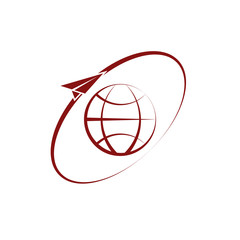 Airplane fly around the planet Earth. Logo.