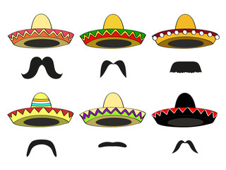 set of sixdifferent  Mexican sombrero hats and Latin-American mustaches