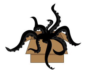 cardboard box with scary black tentacles crawling out of it