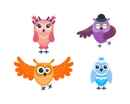 Cute vector funny cartoon owls. Animal character cartoon owl comic funny collection. Doodle cheerful bird cartoon owl. Adorable different owl various expression bird