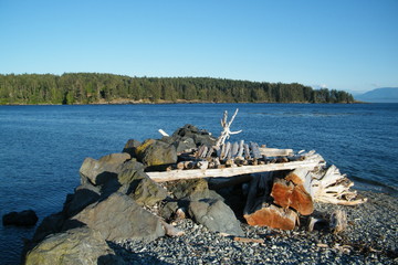 Driftwood Shelter on a Rocky Beach