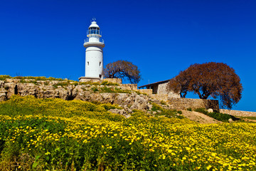 Fototapeta na wymiar The ancient amphitheater in Paphos. Old lighthouse in Pafos, Cyprus
