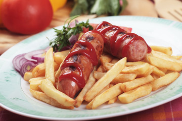 Grilled sausage with french fries
