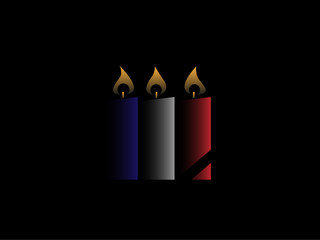 French national tragedy. Burning candles in French flag colors. Black background. Vector illustration.