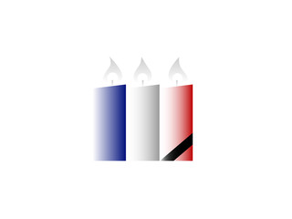 French national tragedy. Burning candles in French flag colors. White background. Vector illustration.