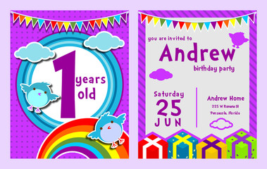 purple theme bird cloud birthday kids invitation card