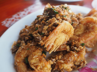 Fried shrimp with garlic, Thai seafood