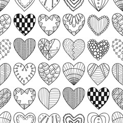 Seamless black, white pattern with decorative hearts for coloring book.