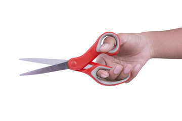 Hand hold scissors on white background