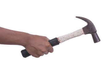 Hand hold hammer on white background