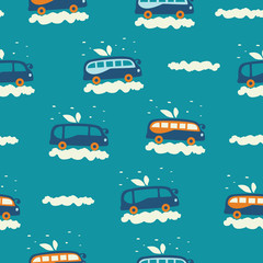 Seamless pattern made of blue buses and clouds