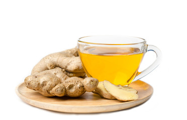 Ginger tea on wooden plate and white background