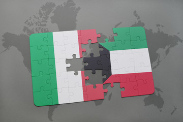 puzzle with the national flag of italy and kuwait on a world map background.