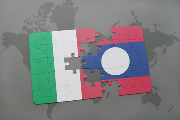 puzzle with the national flag of italy and laos on a world map background.
