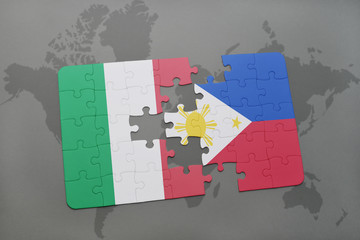 puzzle with the national flag of italy and philippines on a world map background.