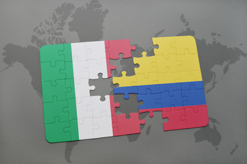 puzzle with the national flag of italy and colombia on a world map background.