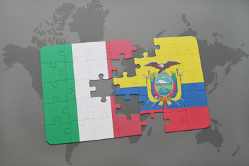 puzzle with the national flag of italy and ecuador on a world map background.