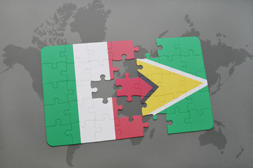 puzzle with the national flag of italy and guyana on a world map background.