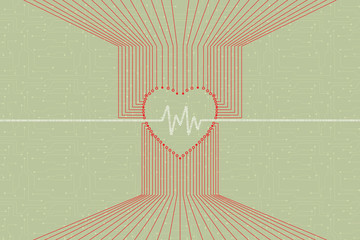 Health data information concept with electronic circuit print in shape of heart rate and flow of digital data.