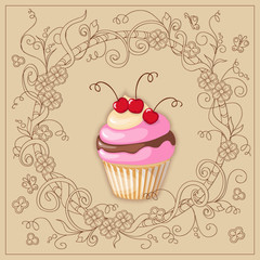 cupcake with cherry on the boho background