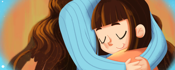 Mom I Love you, The Little Girl Gives a Big Hug to Her Mother. Creative Idea, Innovative art, Concept Illustration, Greeting Card Background, Cartoon Style Artwork
