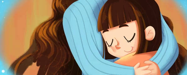 Fotobehang Bruin Mom I Love you, The Little Girl Gives a Big Hug to Her Mother. Creative Idea, Innovative art, Concept Illustration, Greeting Card Background, Cartoon Style Artwork    © info@nextmars.com