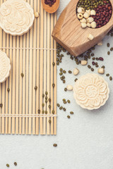 Snowy skin mooncakes. Chinese mid autumn festival raditional foo