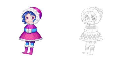 Princess 27: The Eskimo's Snow Princess with Winter Clothing. Coloring Book, Outline Sketch, Human Character Design isolated on White Background
