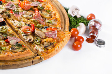 Delicious italian pizza served on wooden table