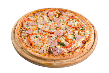 pizza with ham on a wooden board