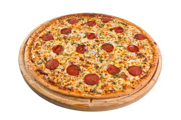 pizza pepperoni on a wooden board