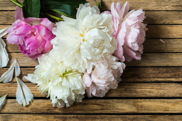 beautiful flowers on wooden background, various , place for text, closeup