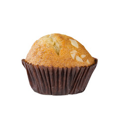 A piece of fresh delicious banana cup cake topped with sliced almond in dark brown paper cup over isolated white background, clipping path included in the photo