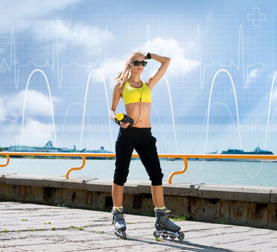 Young and fit woman rollerblading on skates