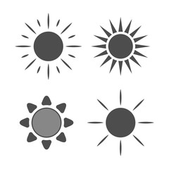 Sun icons set. Collection light gray signs with sunbeam. Design elements, isolated on white background. Symbol of sunrise, heat, sunny and sunset, morning, sunlight. Flat style. Vector Illustration.