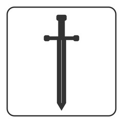 Medieval sharp sword icon. Gray silhouette, isolated on white background. Symbol ancient knight, warrior, weapon and victory, battle, templar. Flat style. Military historic design. Vector illustration