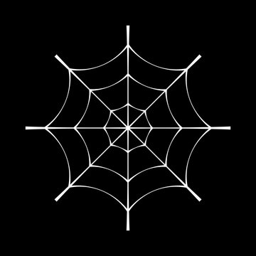 Spider web clip. White cobweb element, isolated on black background. Spiderweb silhouette graphic. Symbol of halloween, network, trap and danger, scary, arachnid. Design tattoo. Vector illustration