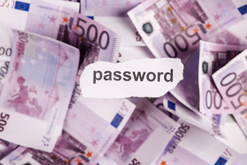 Focus on the word PASSWORD on piece of torn white paper with EURO