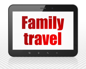 Vacation concept: Tablet Pc Computer with Family Travel on display