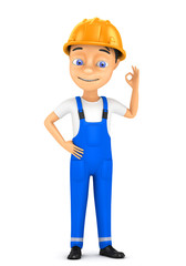 3d cheerful worker in a hard hat on a white background
