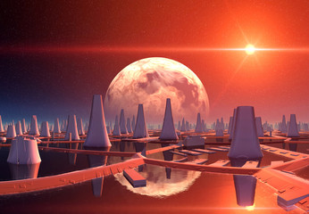 Plakaty  Futurystyczne miasto obcych - grafika komputerowa 3D