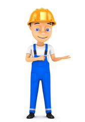 3d cheerful worker in a hard hat on a white background