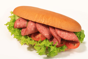 salami sandwich isolated on white