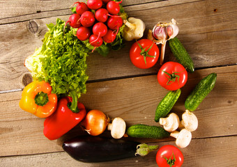 Fresh vegetables on a clean wooden table