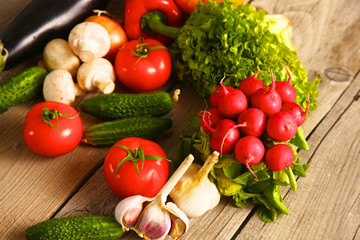 Fresh vegetables on a clean wooden table