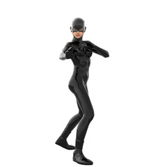 Fototapeta na wymiar one young girl in a tight black super suit. Stands in a fighting pose. Stands in a fighting pose on half side