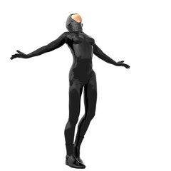 one young girl in a tight black super suit. Is in a flying pose. Standing on two legs