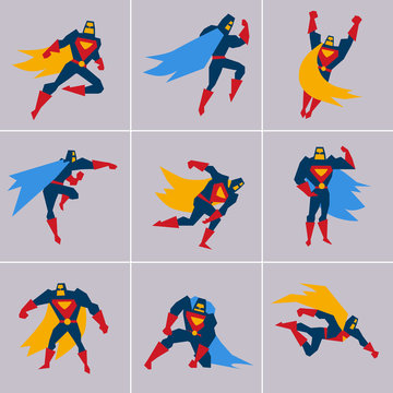 Superhero in Action. Silhouette Different Poses