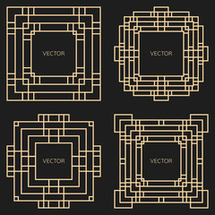 Set of 4 geometric frames in Art Deco style. Square vector abstract elements for design. Art Deco frames. Light golden vector frames. Premium vector frames in luxury style.