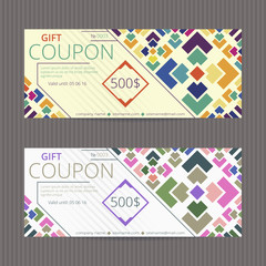 Gift voucher with bright design. Gift card template. Coupon discount set. Voucher vector design. Coupon template with random colored tiles.